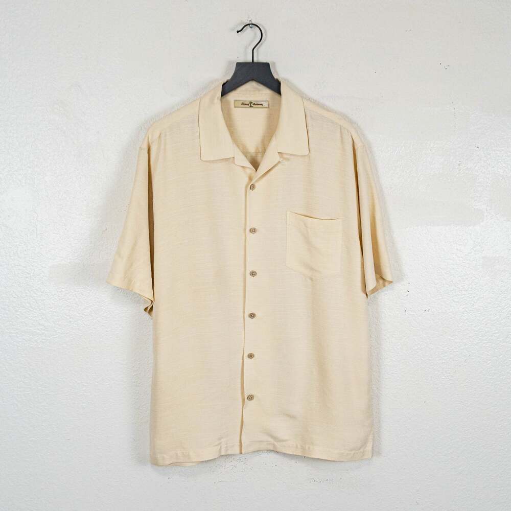 Tommy Bahama 100% Silk Rock Star Island Style Hawaiian shirt Beige Large